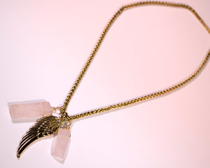 Rose Quartz Crystal + Angel Wing Necklace