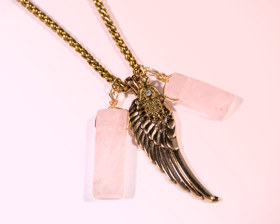 Rose Quartz Crystal + Angel Wing Necklace